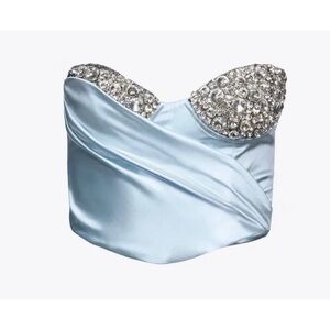 NWT AREA Rhinestone Crystal Ice Blue Strapless Bustier Elegant Crop Top